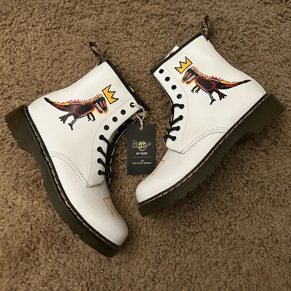Dr. Martens Kids White Boots with Dinosaur Design